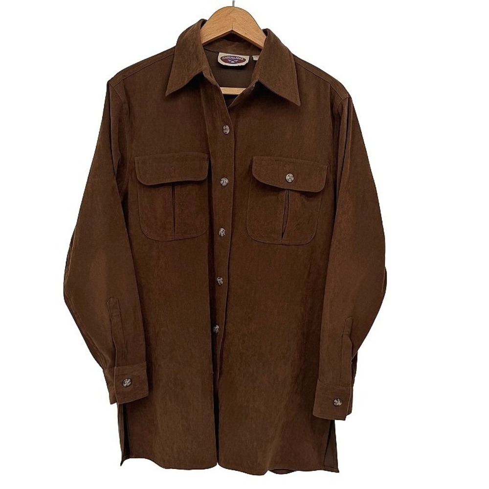 Casualaire Button Down Faux Suede Long Sleeve‎ Brown Shirt Country Cabin Core SM